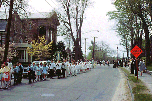 May, 1967 A.D.—Parish May Procession with the First Holy Communion  children, Mary Immaculate of Lourdes.  This and  other photos may be viewed in the Newton Upper Falls photo gallery within City of Newton’s website.