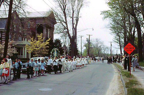 May, 1967 A.D.—Parish May Procession with the First Holy Communion children, Mary Immaculate of Lourdes. This and other photos may be viewed in the Newton Upper Falls photo gallery within City of Newton’s website.